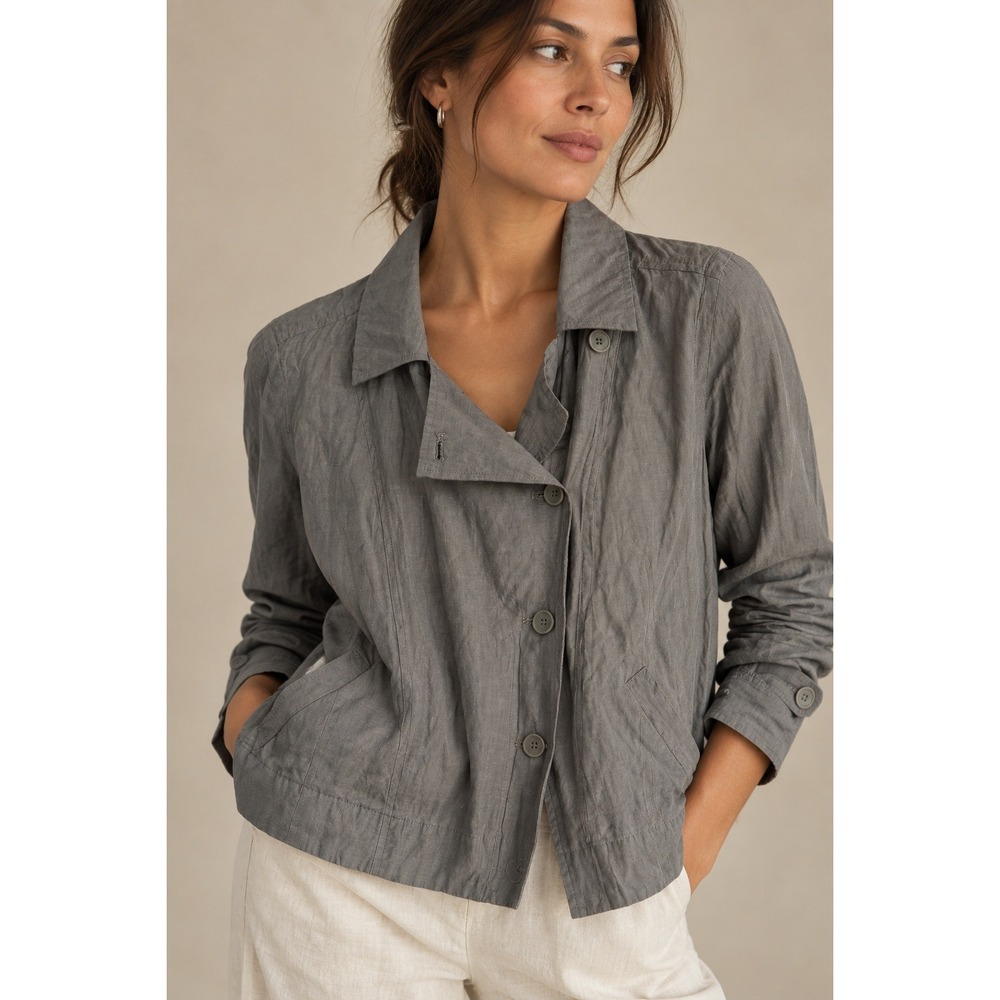 Eileen Fisher Grey Organic Cotton Metallic Asymmetrical Zip Button Jacket Small